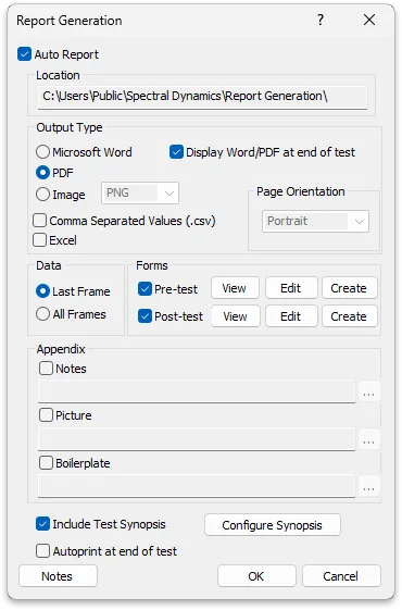 Panther report generation dialog showing all of the features