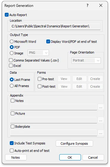 Report Generation allows the user to output a report in a single Microsoft Word document, Adobe PDF or a collection of images in a folder at the end of a test.