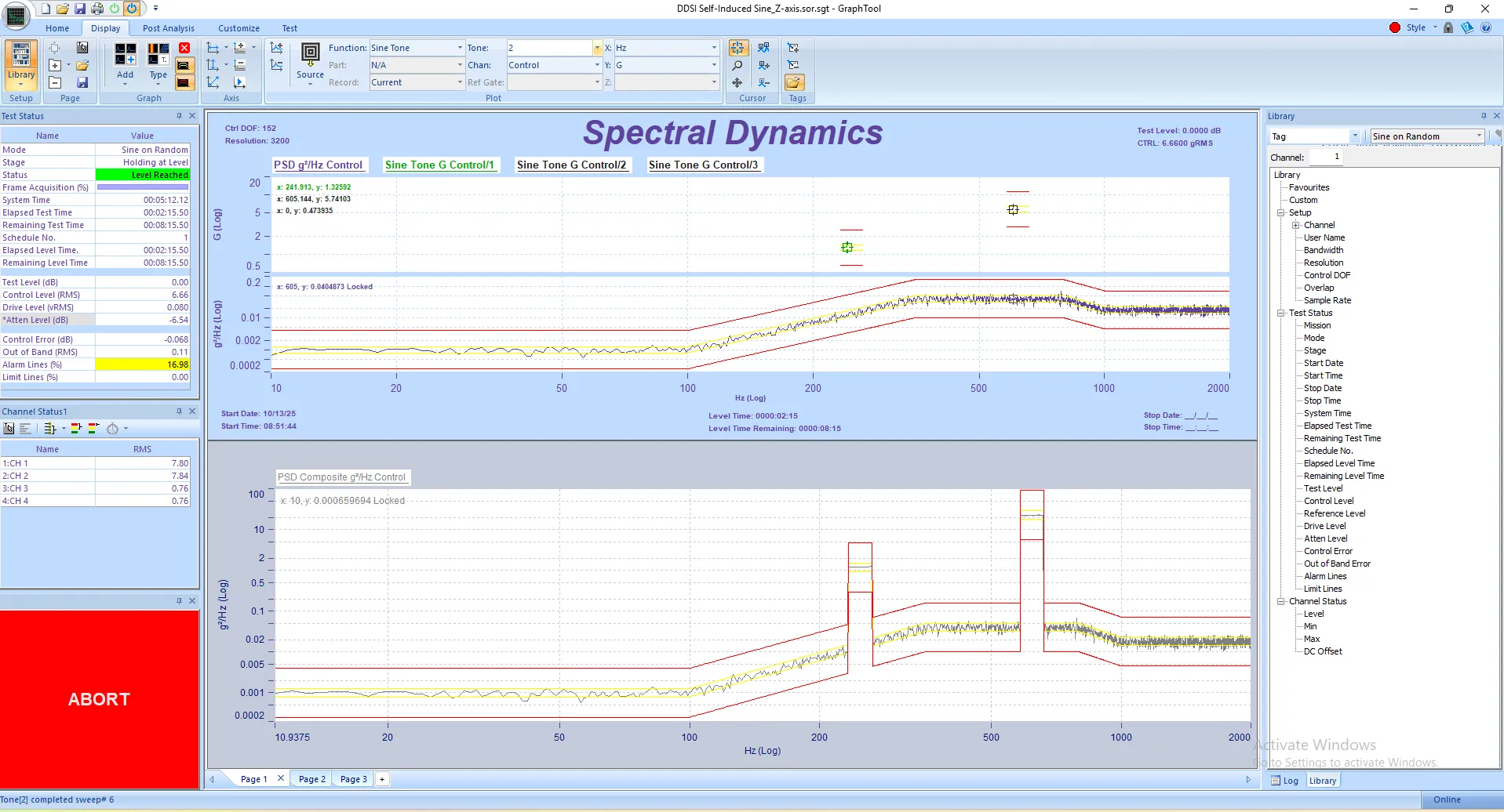 Panther Sine on Random enables simultaneous control of multiple independent sine tones and random background vibration sources for accurate broadband spectral control.