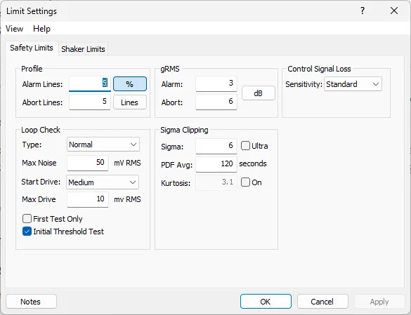 Panther's Safety Limits dialog for Random Application