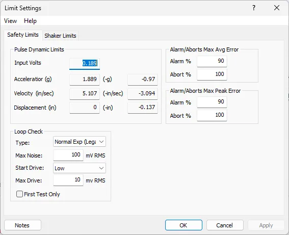 Panther's safety limits dialog for Shock application
