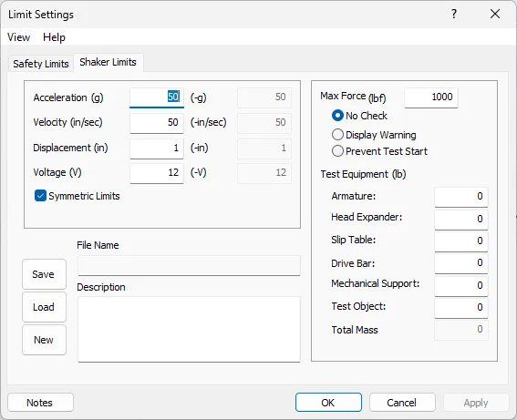 Panther's shaker limits dialog for Shock application