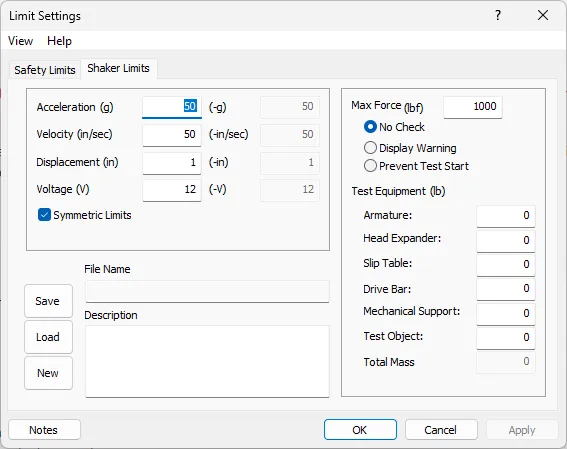 Panther dialog to setup Sine shaker limits