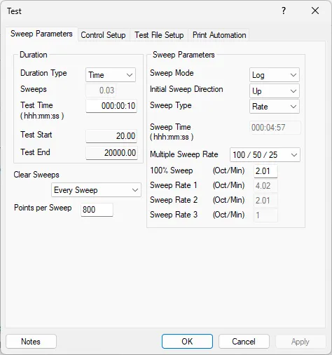 Panther dialog to setup Sine sweep parameters