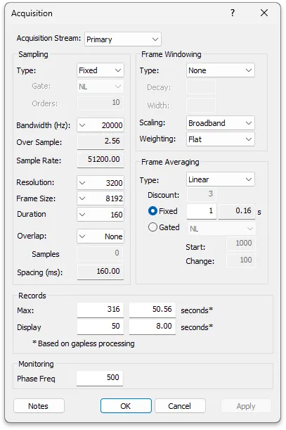 Panther Acquisition Dialog Setup bandwidth, oversample, sample rate, resolution, frame size, duration, overlap, frame windowing and frame averaging