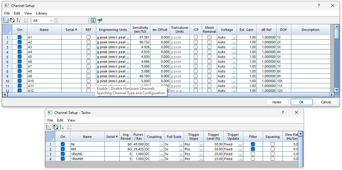 Panther Channel Dialog Define channels, tachometers and transients.